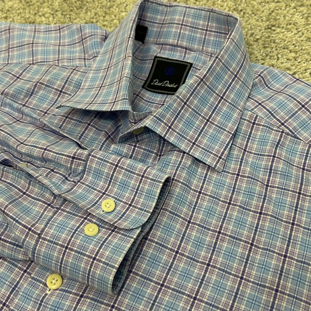 David Donahue Dress Shirt 17.5 34/35 Blue Purple Plaid Cotton Button Up